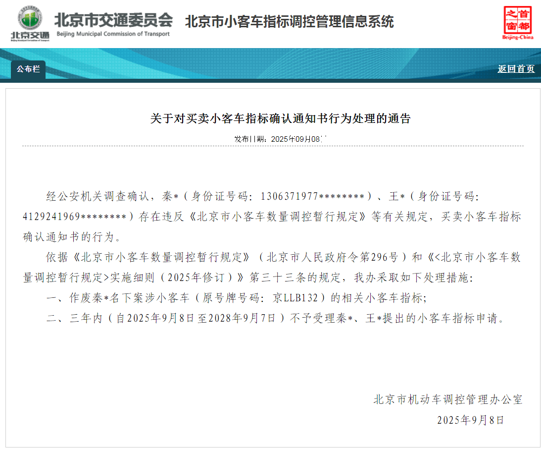 皇冠信用网注册_北京:违规买卖小客车指标确认通知书 6人被处理