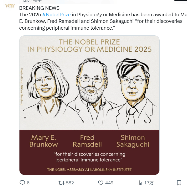 皇冠信用网如何申请_2025诺贝尔医学奖揭晓:表彰“关于外周免疫耐受的发现”皇冠信用网如何申请,三位科学家共享殊荣